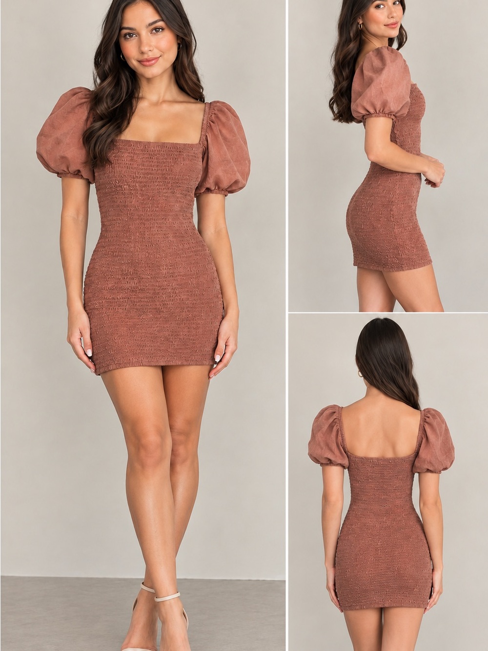 PrettyLittleThing Rust Smocked Mini Dress with Puff Sleeves